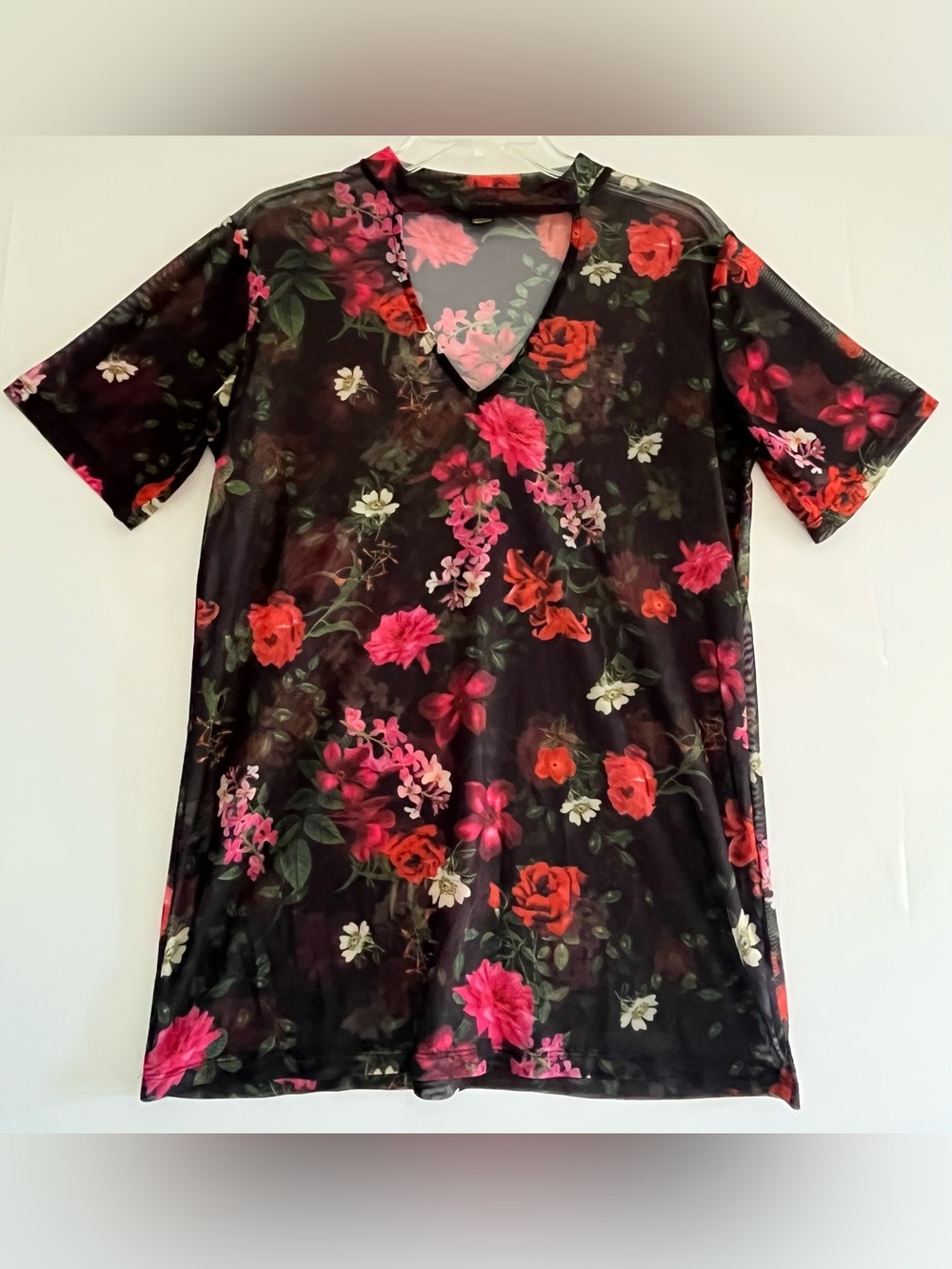 Revamped Dark Floral Mesh Sheer Cutout Choker Top
